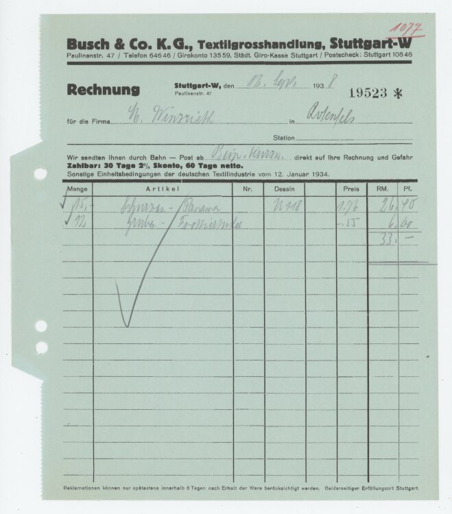 Firma M. Winzrieth (Kaufhaus)an Busch & Co- Rechnung - 12.09.1938