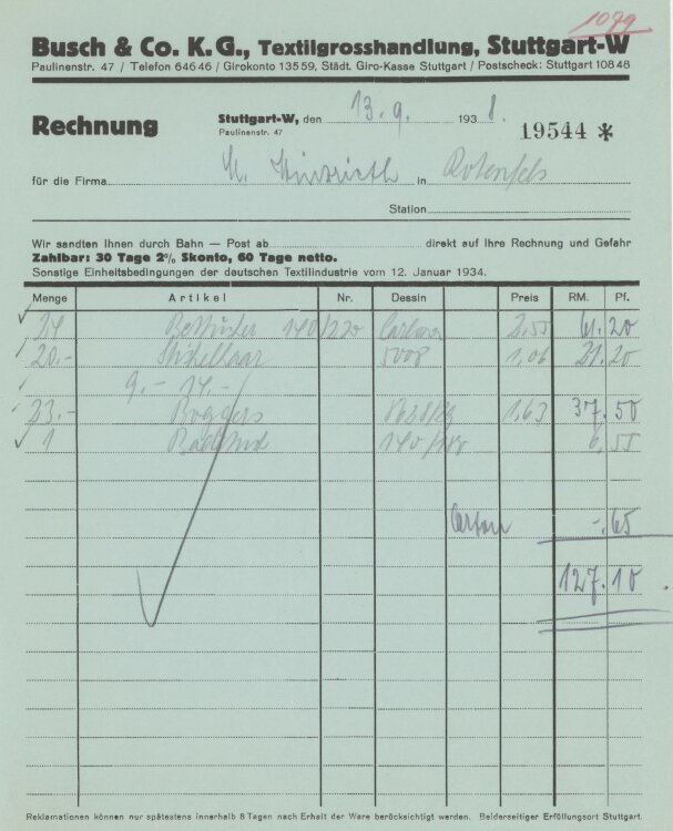 Firma M. Winzrieth (Kaufhaus)an Busch & Co- Rechnung...