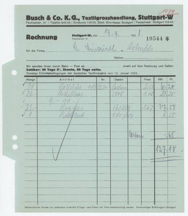 Firma M. Winzrieth (Kaufhaus)an Busch & Co- Rechnung - 13.09.1938