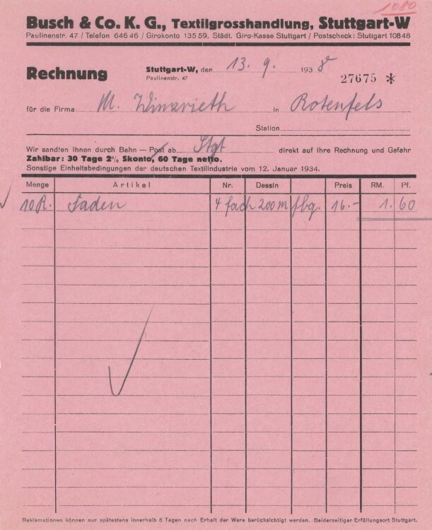 Firma M. Winzrieth (Kaufhaus)an Busch & Co- Rechnung - 13.09.1938