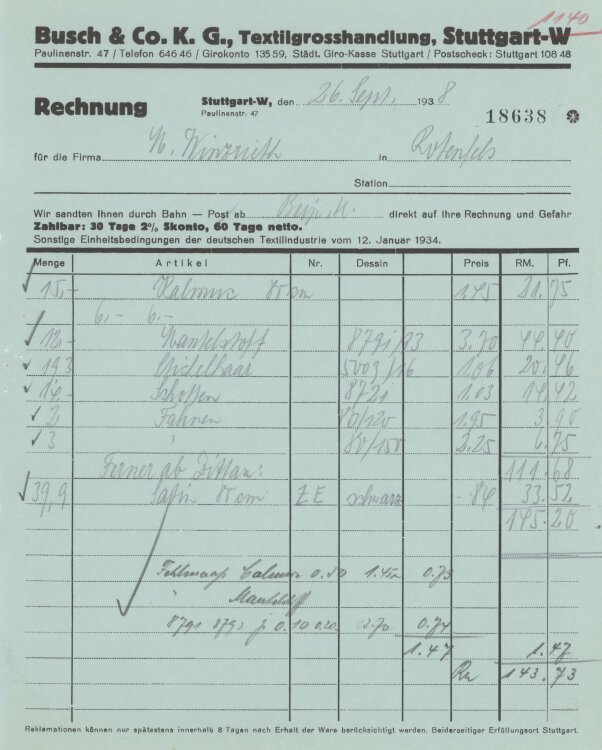 Firma M. Winzrieth (Kaufhaus)an Busch & Co- Rechnung - 26.09.1938