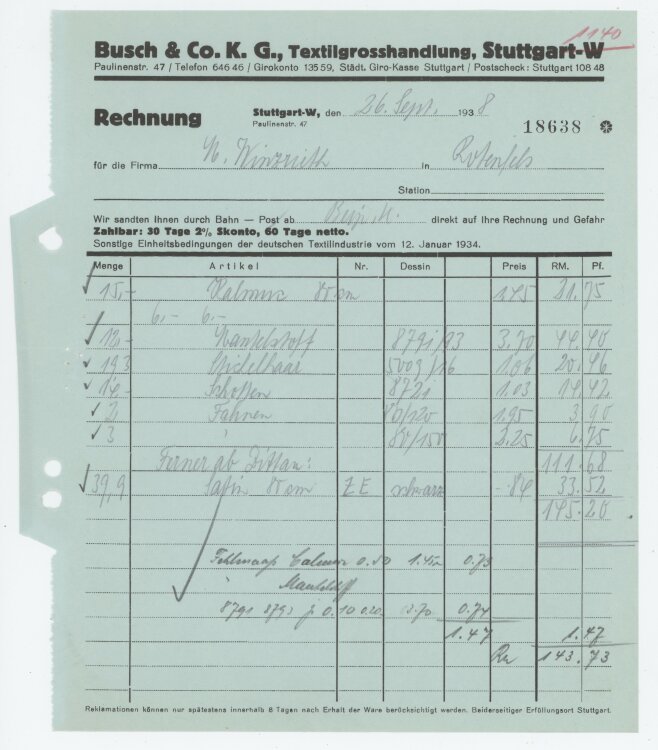 Firma M. Winzrieth (Kaufhaus)an Busch & Co- Rechnung - 26.09.1938