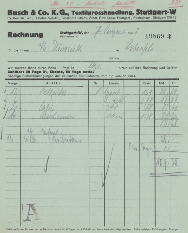 Firma M. Winzrieth (Kaufhaus)an Busch & Co- Rechnung - 07.08.1938