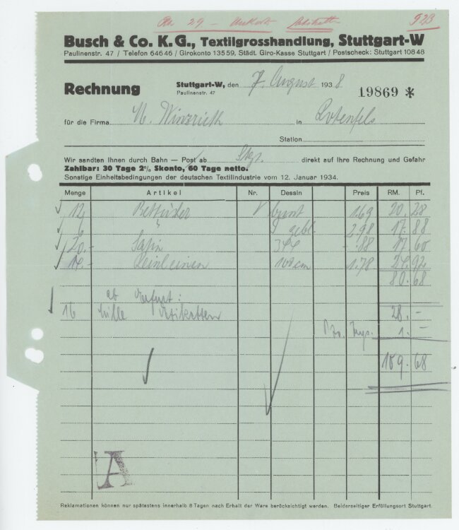 Firma M. Winzrieth (Kaufhaus)an Busch & Co- Rechnung - 07.08.1938