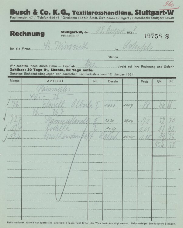 Firma M. Winzrieth (Kaufhaus)an Busch & Co- Rechnung...