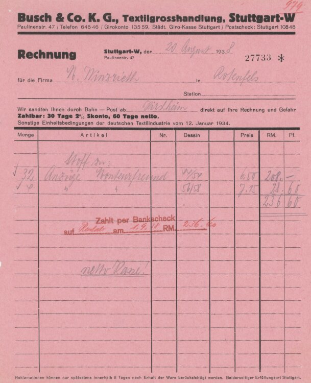 Firma M. Winzrieth (Kaufhaus)an Busch & Co- Rechnung - 20.08.1938