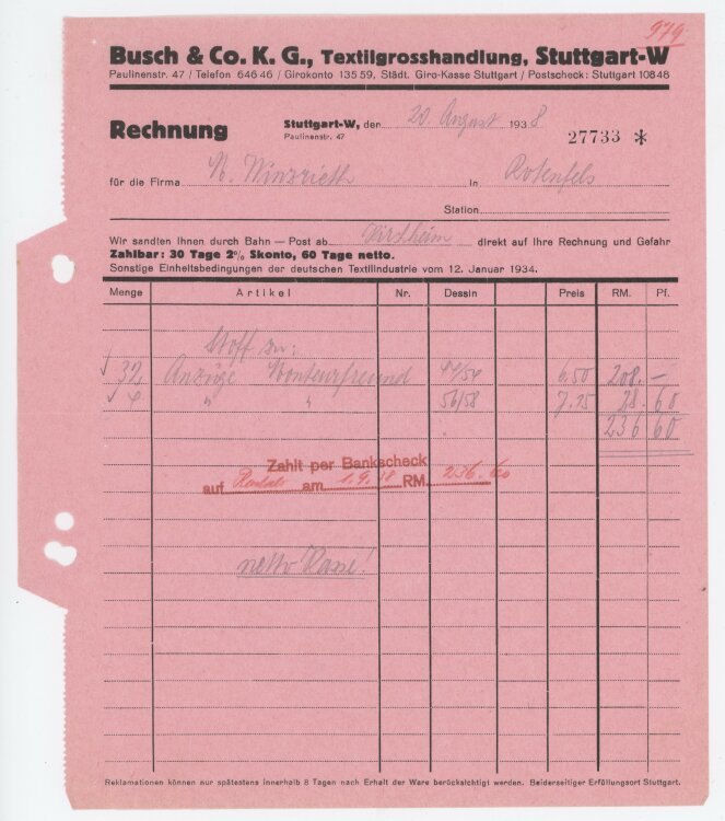 Firma M. Winzrieth (Kaufhaus)an Busch & Co- Rechnung - 20.08.1938