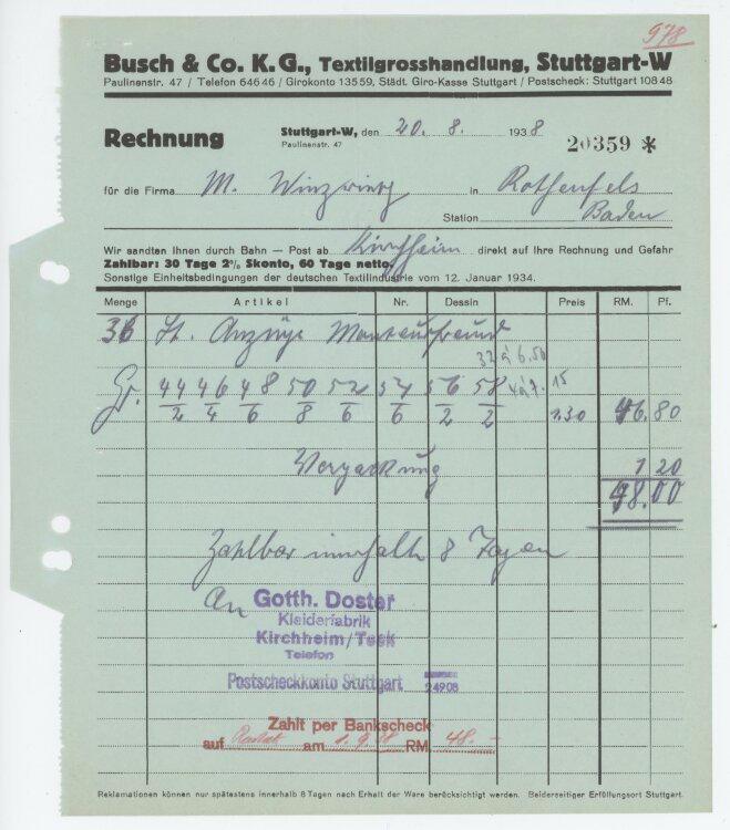 Firma M. Winzrieth (Kaufhaus)an Busch & Co- Rechnung - 20.08.1938