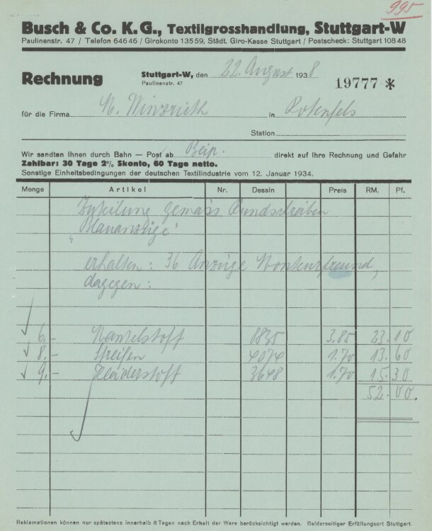 Firma M. Winzrieth (Kaufhaus)an Busch & Co- Rechnung...