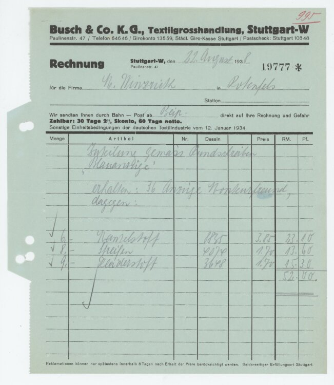 Firma M. Winzrieth (Kaufhaus)an Busch & Co- Rechnung - 22.08.1938