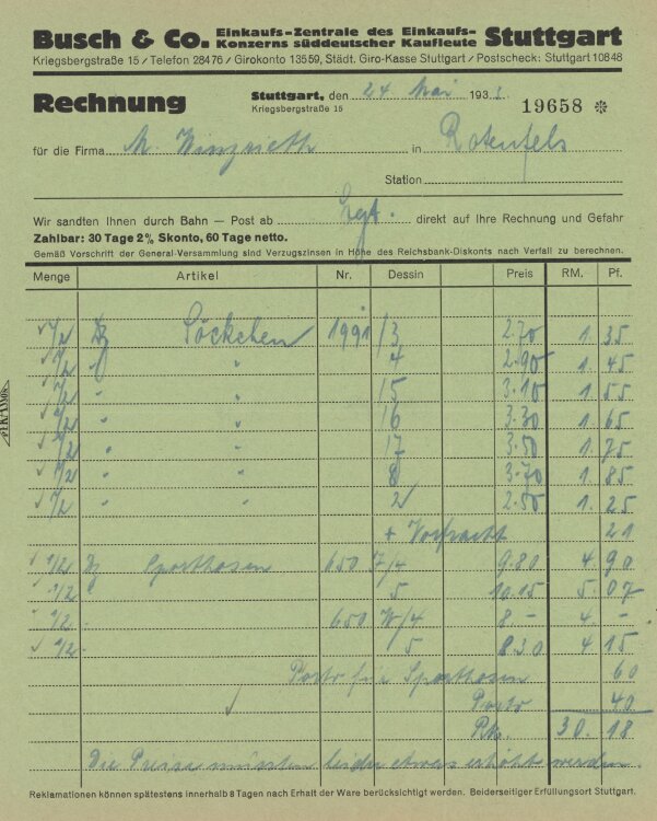 Firma M. Winzrieth (Kaufhaus)an Busch & Co- Rechnung - 24.05.1933