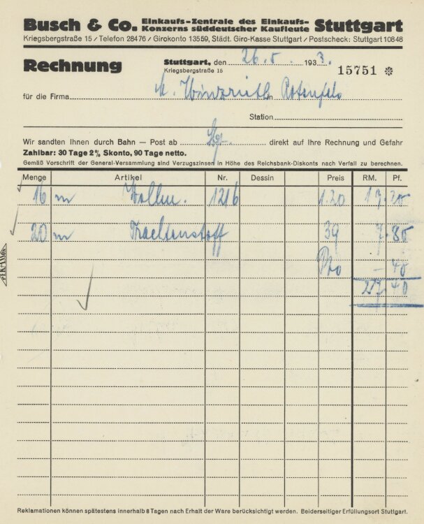 Firma M. Winzrieth (Kaufhaus)an Busch & Co- Rechnung...