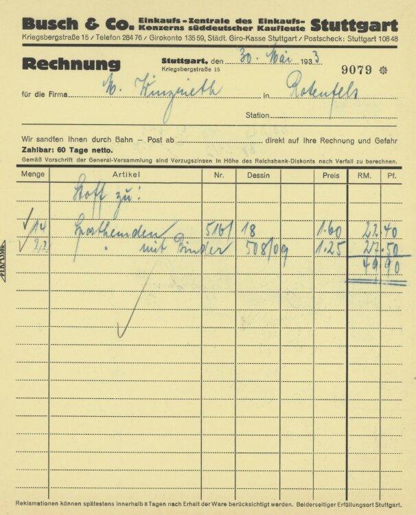 Firma M. Winzrieth (Kaufhaus)an Busch & Co- Rechnung - 30.05.1933