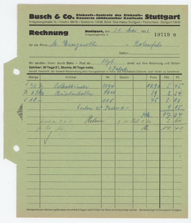 Firma M. Winzrieth (Kaufhaus)an Busch & Co- Rechnung - 31.05.1933