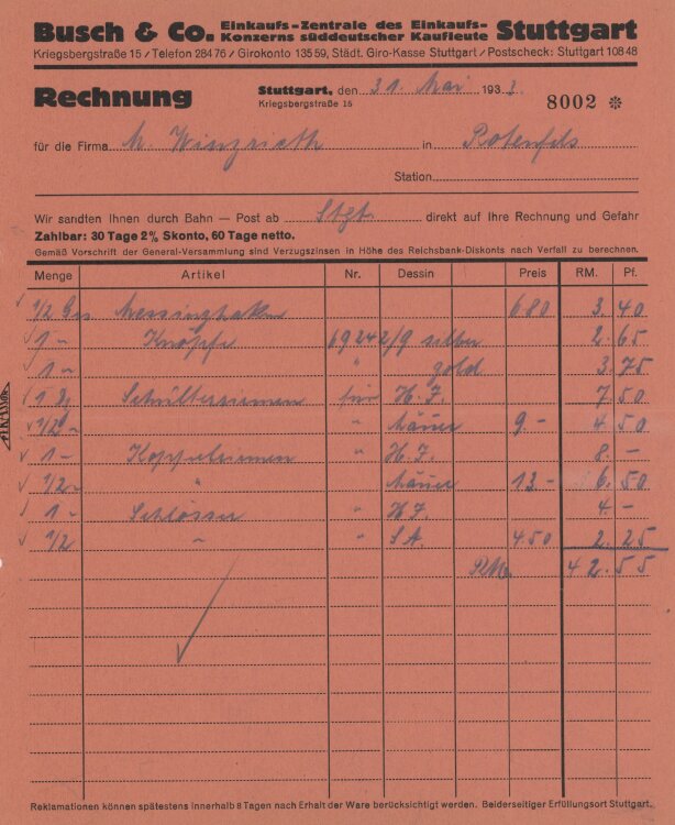 Firma M. Winzrieth (Kaufhaus)an Busch & Co- Rechnung - 31.05.1933