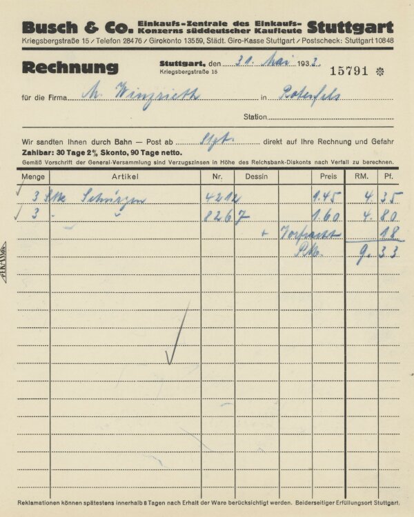 Firma M. Winzrieth (Kaufhaus)an Busch & Co- Rechnung - 31.05.1933