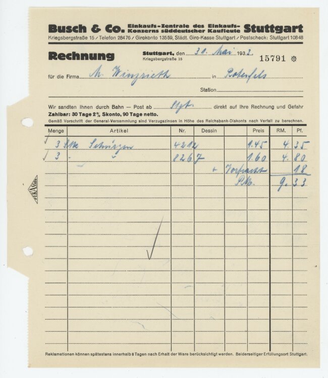 Firma M. Winzrieth (Kaufhaus)an Busch & Co- Rechnung - 31.05.1933