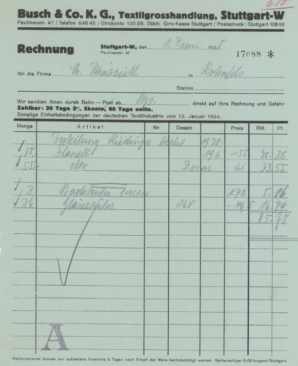 Firma M. Winzrieth (Kaufhaus)an Busch & Co- Rechnung...