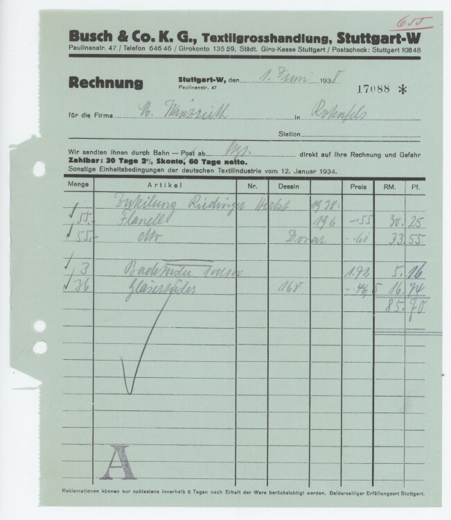 Firma M. Winzrieth (Kaufhaus)an Busch & Co- Rechnung - 01.05.1938