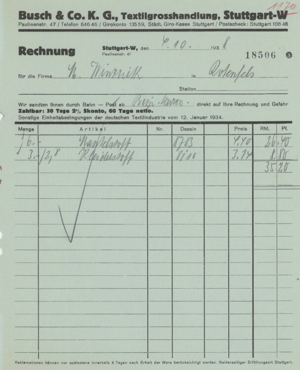 Firma M. Winzrieth (Kaufhaus)an Busch & Co- Rechnung - 04.10.1938