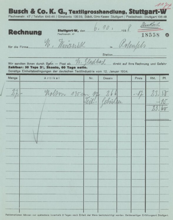 Firma M. Winzrieth (Kaufhaus)an Busch & Co- Rechnung - 06.10.1938