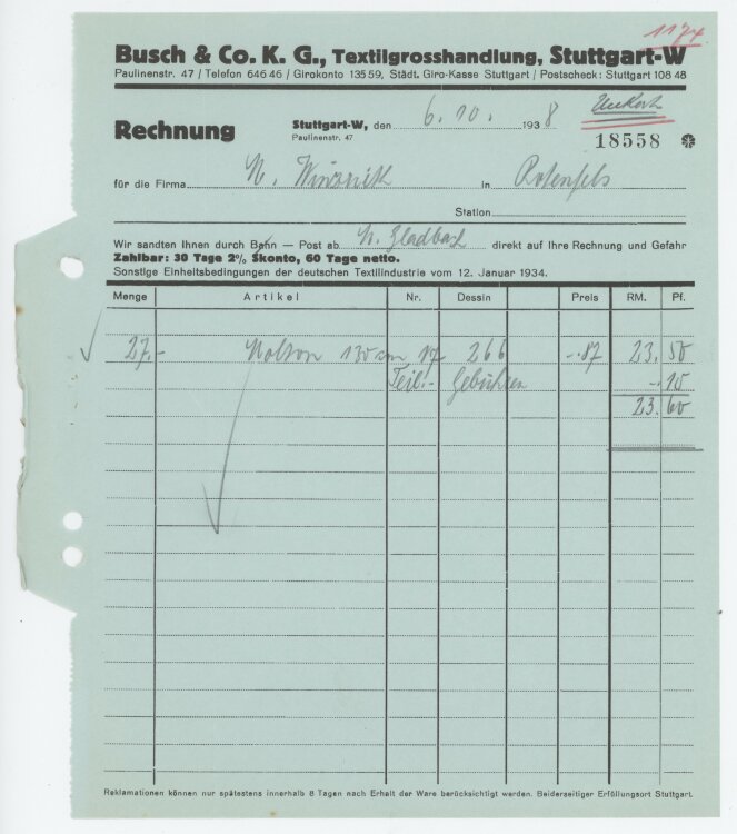 Firma M. Winzrieth (Kaufhaus)an Busch & Co- Rechnung - 06.10.1938