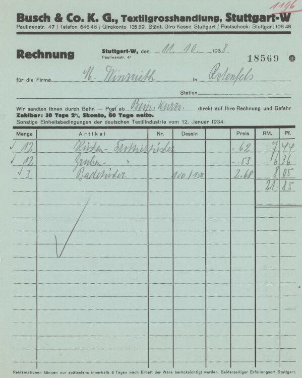 Firma M. Winzrieth (Kaufhaus)an Busch & Co- Rechnung...