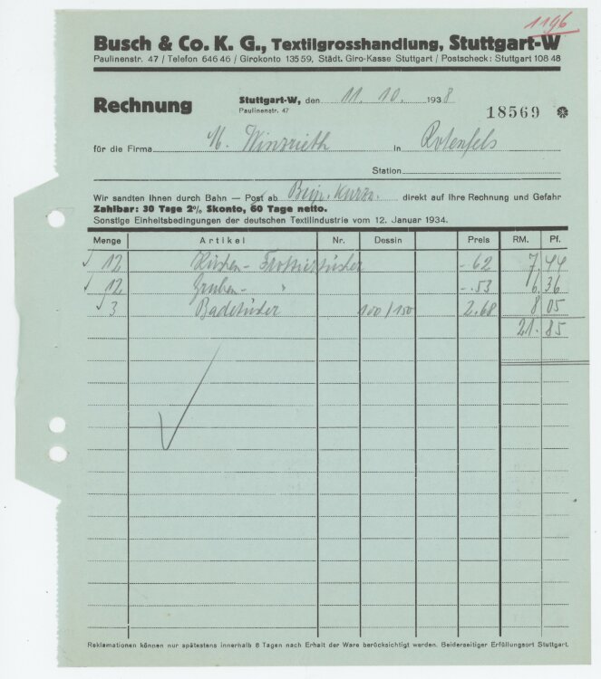 Firma M. Winzrieth (Kaufhaus)an Busch & Co- Rechnung - 11.10.1938