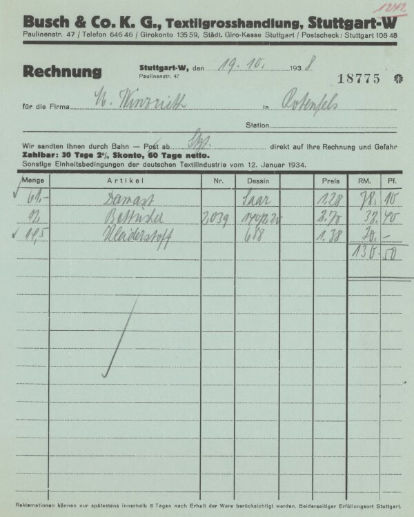 Firma M. Winzrieth (Kaufhaus)an Busch & Co- Rechnung - 19.10.1938