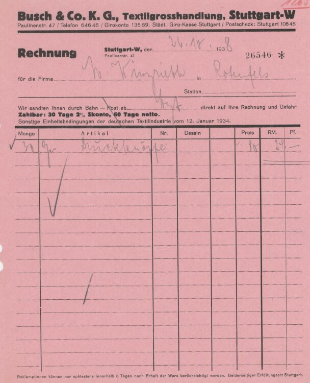 Firma M. Winzrieth (Kaufhaus)an Busch & Co- Rechnung...