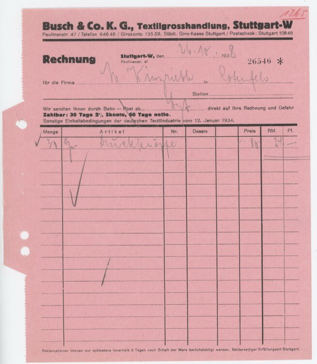 Firma M. Winzrieth (Kaufhaus)an Busch & Co- Rechnung - 26.10.1938