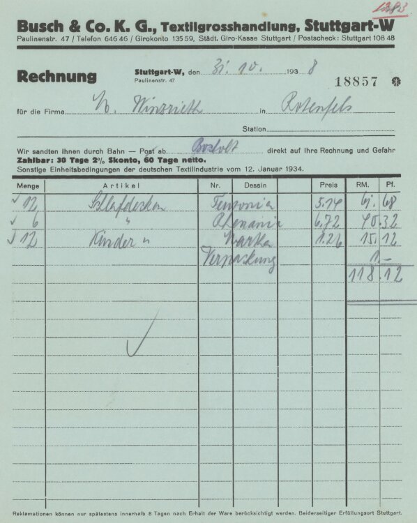 Firma M. Winzrieth (Kaufhaus)an Busch & Co- Rechnung - 31.10.1938