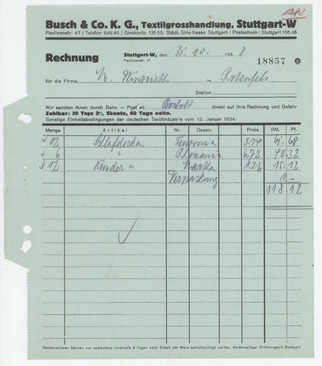 Firma M. Winzrieth (Kaufhaus)an Busch & Co- Rechnung - 31.10.1938