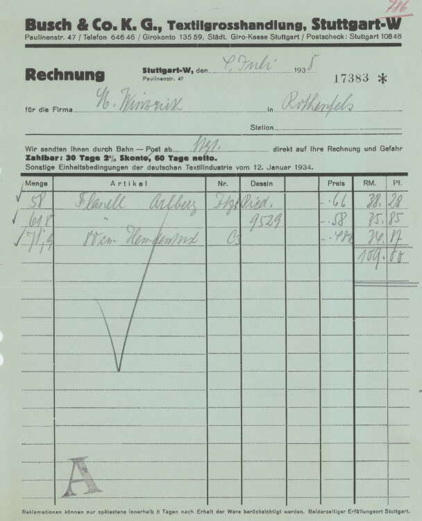 Firma M. Winzrieth (Kaufhaus)an Busch & Co- Rechnung - 04.07.1938