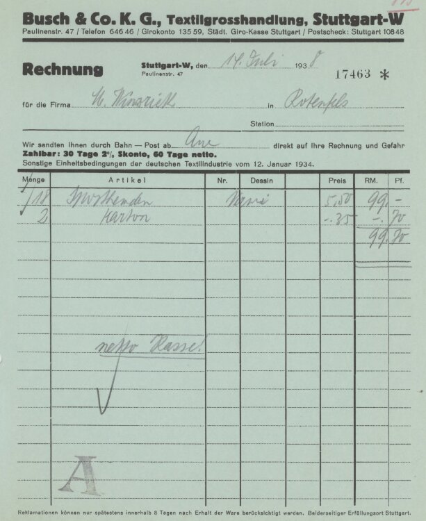 Firma M. Winzrieth (Kaufhaus)an Busch & Co- Rechnung - 14.07.1938