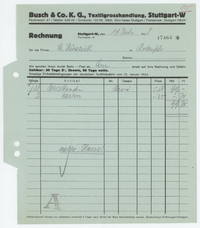 Firma M. Winzrieth (Kaufhaus)an Busch & Co- Rechnung - 14.07.1938