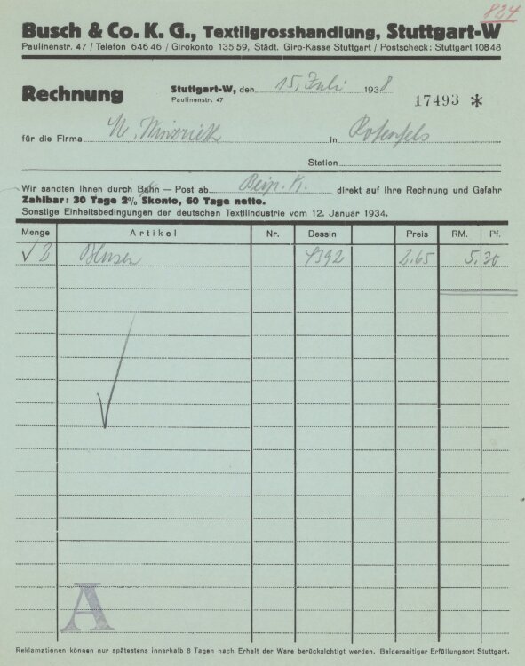 Firma M. Winzrieth (Kaufhaus)an Busch & Co- Rechnung - 15.07.1938