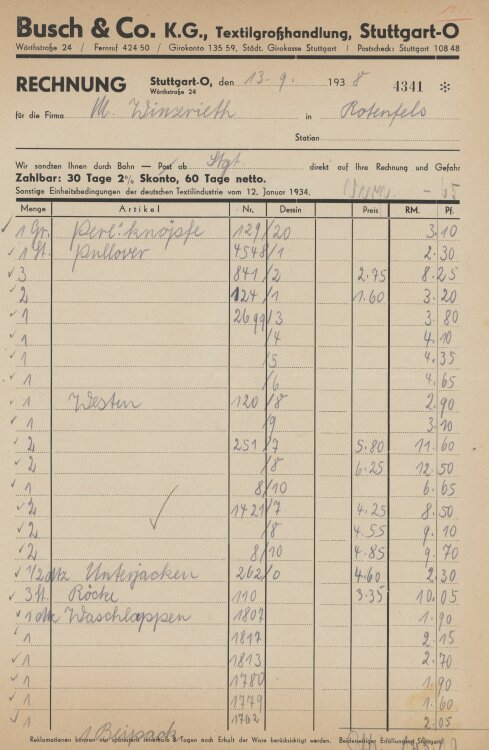 Firma M. Winzrieth (Kaufhaus)an Busch & Co- Rechnung - 13.09.1938