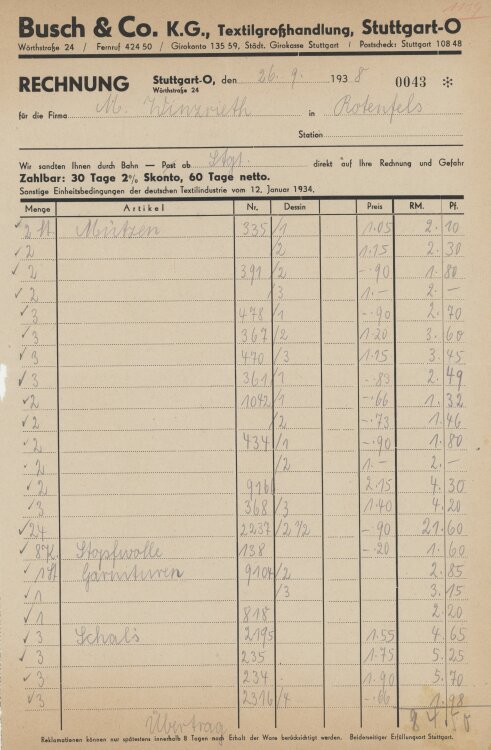 Firma M. Winzrieth (Kaufhaus)an Busch & Co- Rechnung - 26.09.1938