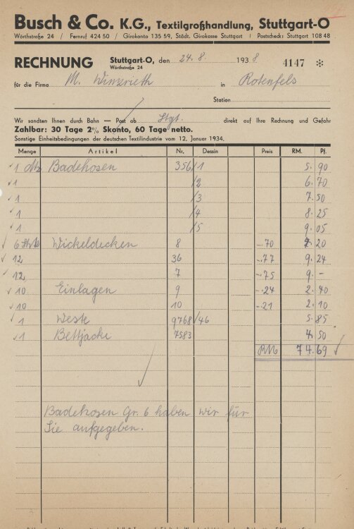 Firma M. Winzrieth (Kaufhaus)an Busch & Co- Rechnung - 24.08.1938