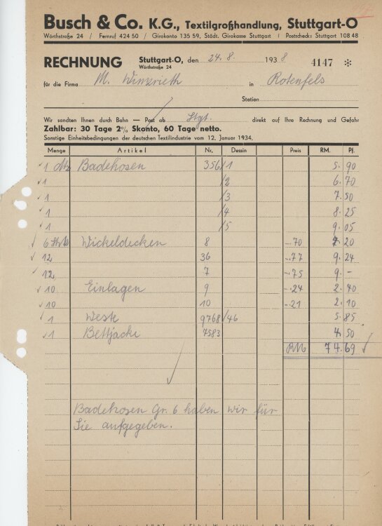 Firma M. Winzrieth (Kaufhaus)an Busch & Co- Rechnung - 24.08.1938