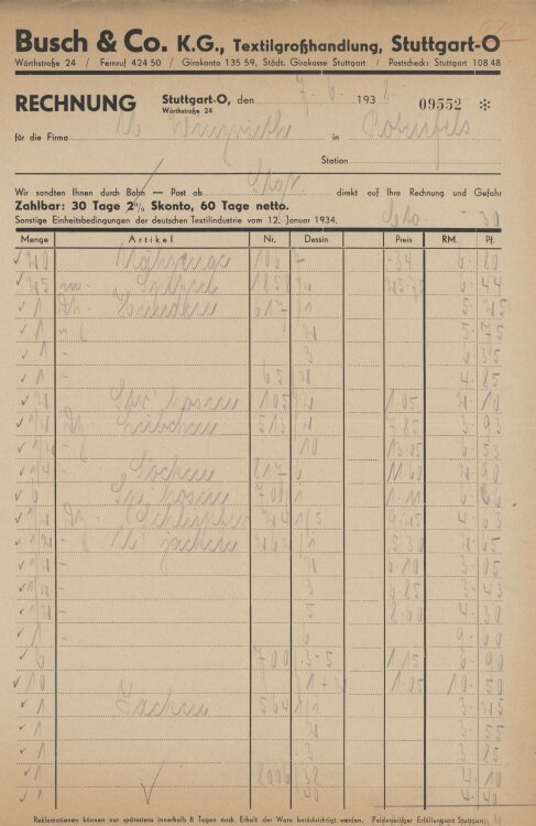 Firma M. Winzrieth (Kaufhaus)an Busch & Co- Rechnung - 07.06.1938