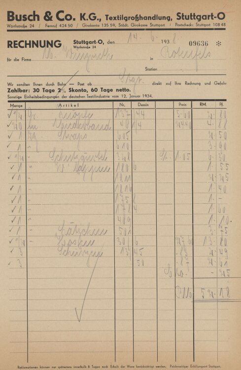 Firma M. Winzrieth (Kaufhaus)an Busch & Co- Rechnung - 14.06.1938