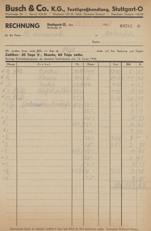 Firma M. Winzrieth (Kaufhaus)an Busch & Co- Rechnung - 27.06.1938