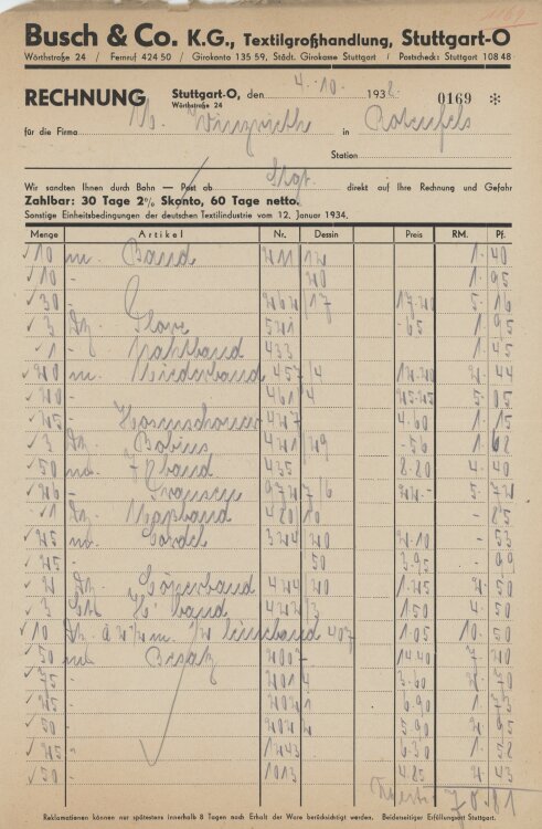 Firma M. Winzrieth (Kaufhaus)an Busch & Co- Rechnung - 04.10.1932