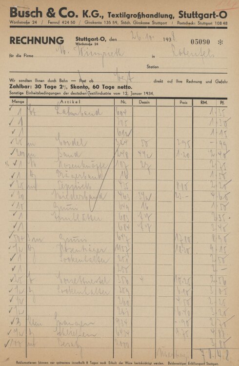 Firma M. Winzrieth (Kaufhaus)an Busch & Co- Rechnung - 26.10.1932