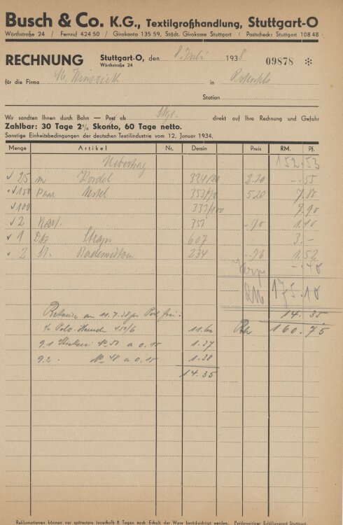 Firma M. Winzrieth (Kaufhaus)an Busch & Co- Rechnung - 08.07.1938