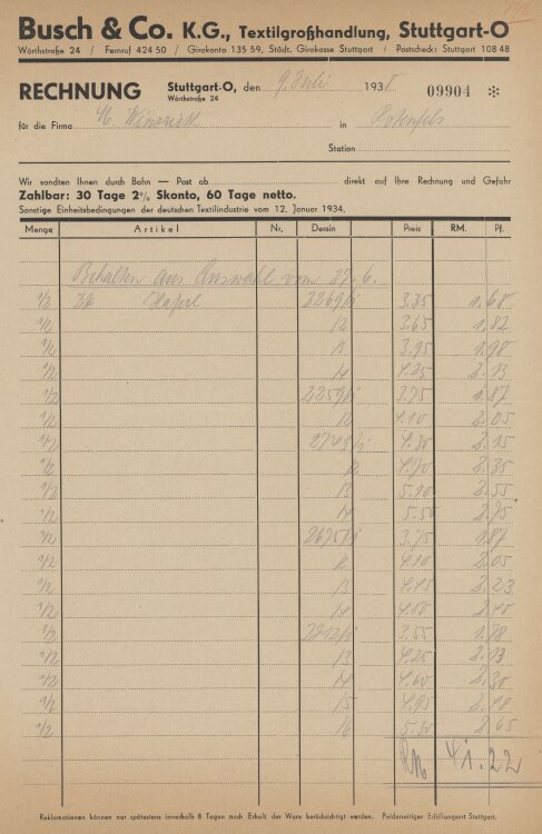 Firma M. Winzrieth (Kaufhaus)an Busch & Co- Rechnung - 09.07.1938