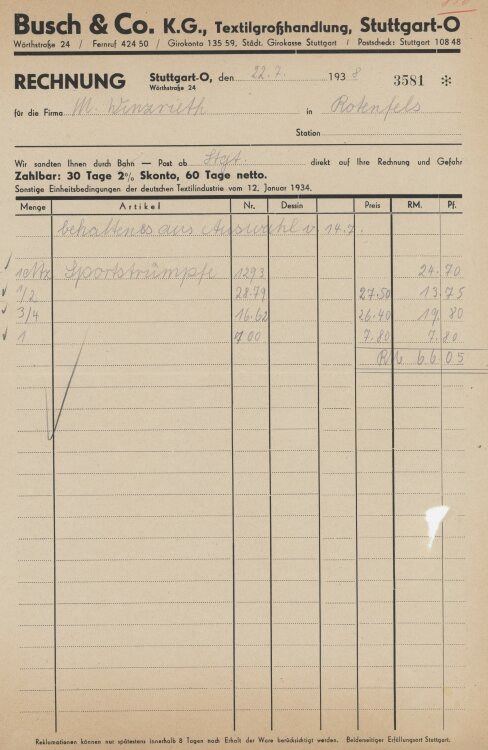 Firma M. Winzrieth (Kaufhaus)an Busch & Co- Rechnung - 22.07.1938