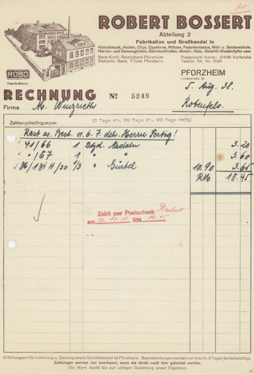 Firma M. Winzrieth (Kaufhaus)an Robert Bossert- Rechnung - 05.08.1938